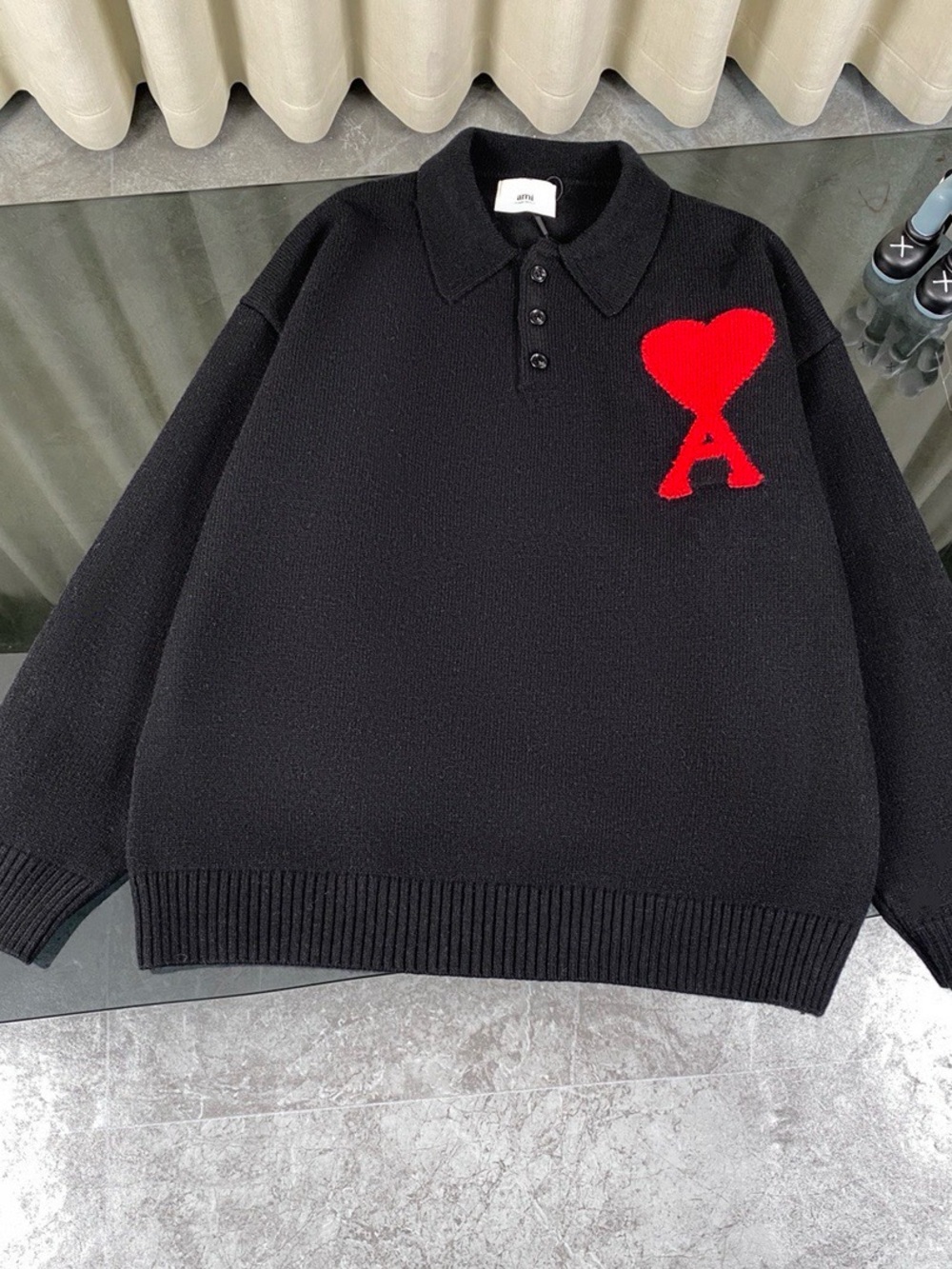 Ami Black Crewneck Polo Sweater with Red Heart 'A' Emblem